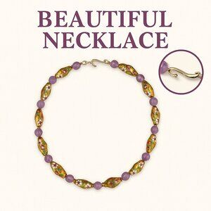 Rare Cloisonné Beaded Necklace Amethyst Purple Gemstone Floral Enamel Gold Tone